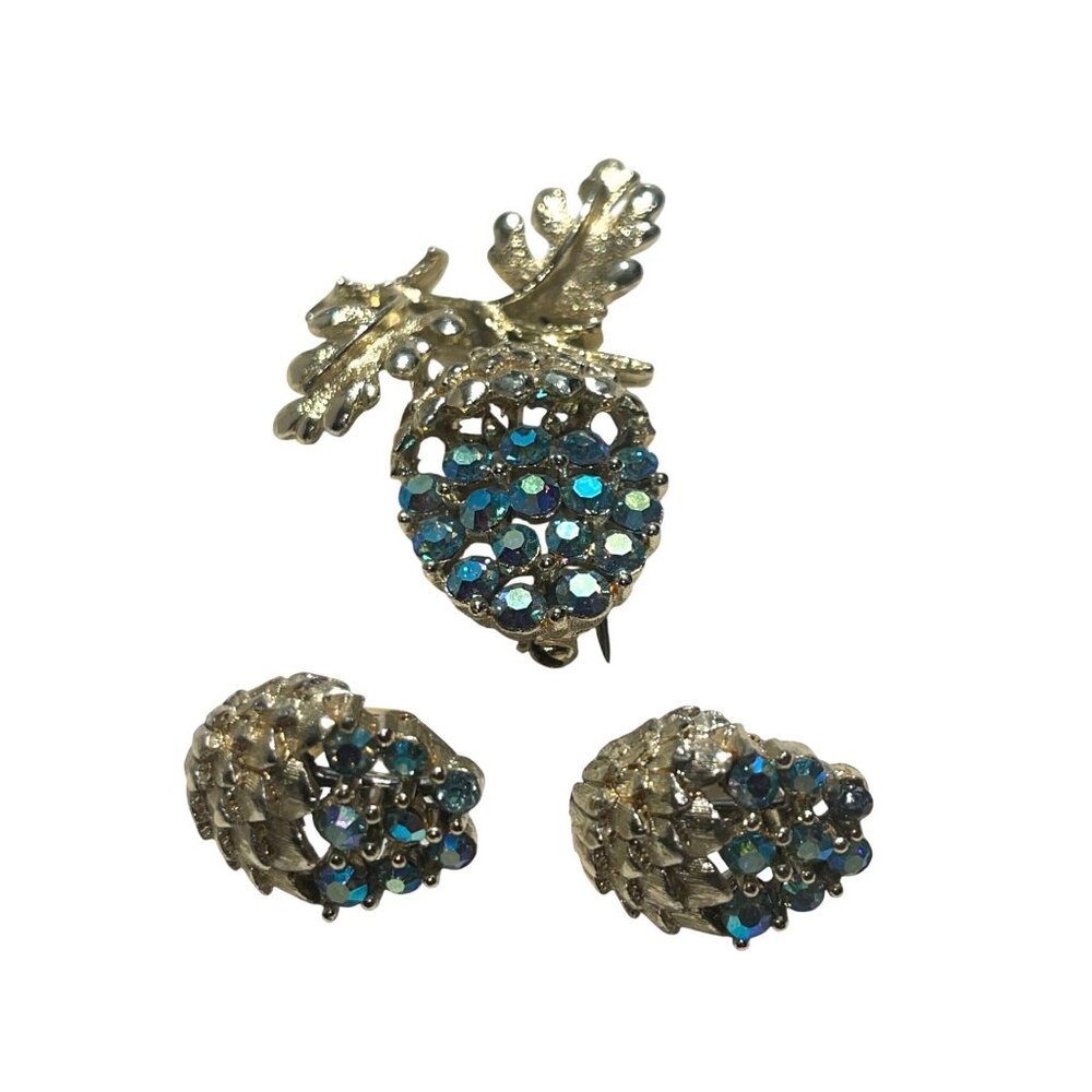 Vintage Acorn Brooch & Earrings Set With Blue Rhinestones